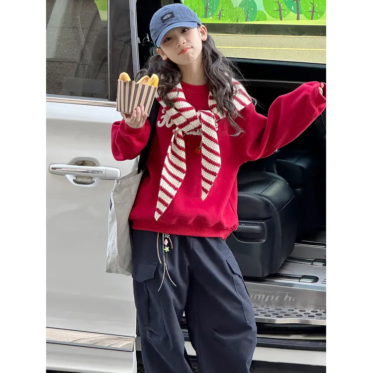 K30371孙小美针织披肩女童加绒卫衣秋冬装儿童加厚上衣红色新年