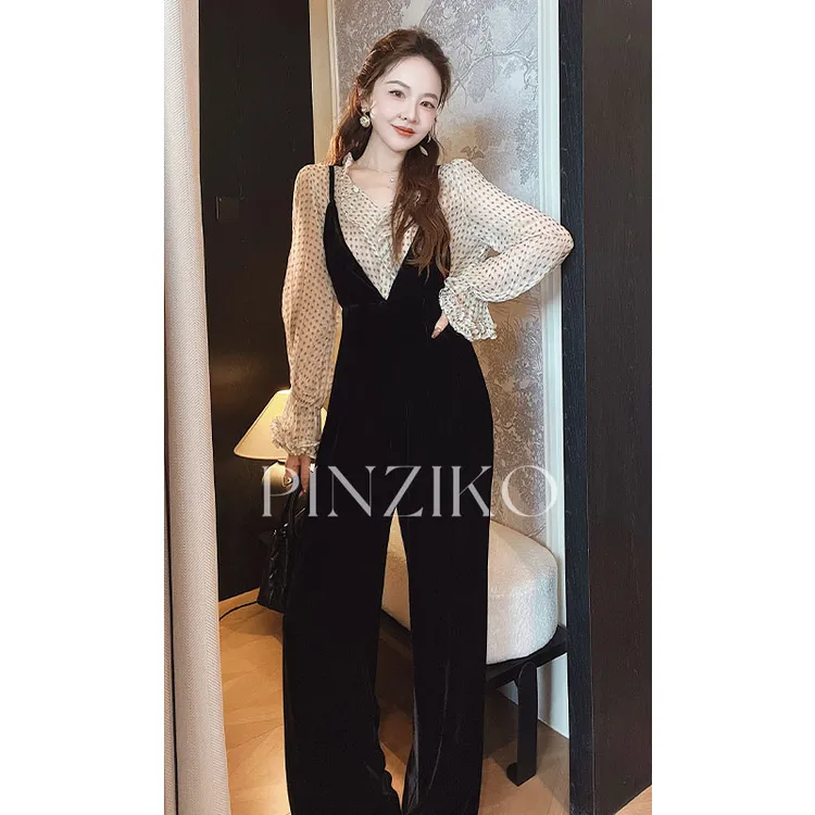 pinziko漫步米兰~V领高腰丝绒背带裤女黑色法式休闲裤TJF331