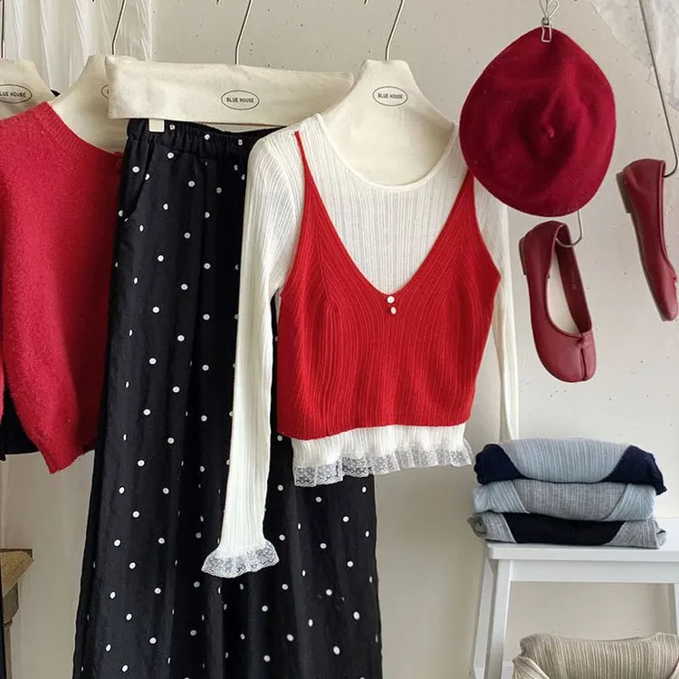 韩系层次撞色叠穿假两件长袖针织衫女早秋拼蕾丝花边修身外穿上衣