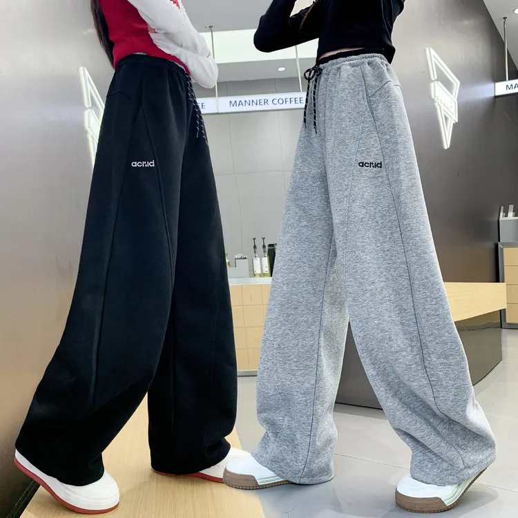 儿童运动卫裤阔腿女童裤子中大童长裤直筒青少年黑色胖孩春秋款季