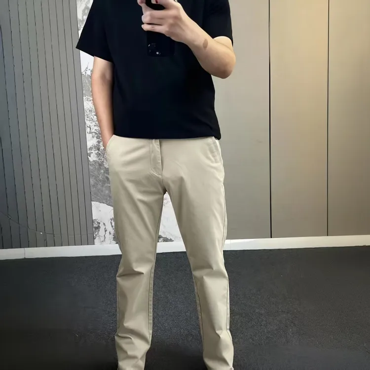 新款微修身直筒宽松男士休闲裤米白色高棉透气简约舒适设计百搭