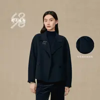 鄂尔多斯1980新品羊毛桑蚕丝双面呢翻领休闲大衣女装短外套25秋冬