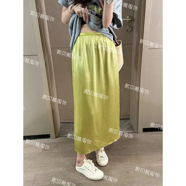 熙贝薇 【流金岁月】欧货100醋酸后开叉缎面垂感半身裙 G7876