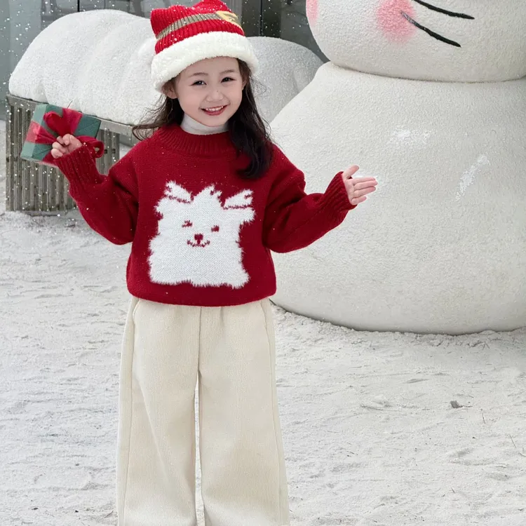 2025冬季新款童装 韩版童装 女童可爱加厚毛衣 卡通新年红毛衣