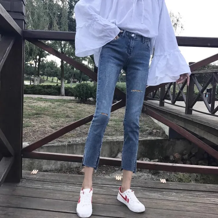 破洞直筒牛仔裤女夏季薄款2025新款高腰显瘦小个子九分开叉烟管裤