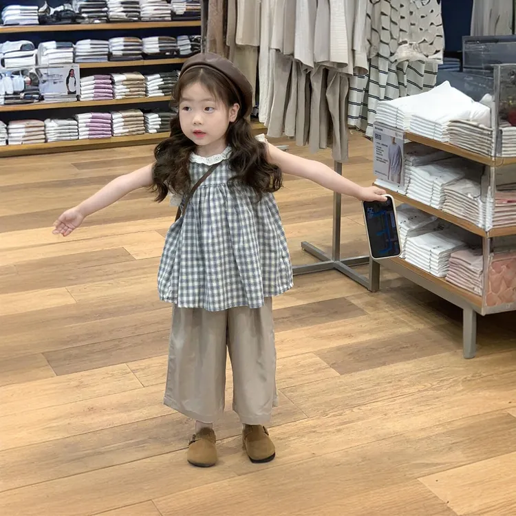 2025夏季女童背心裙套装森系洋气时髦无袖薄款宽松格子韩版直筒裤
