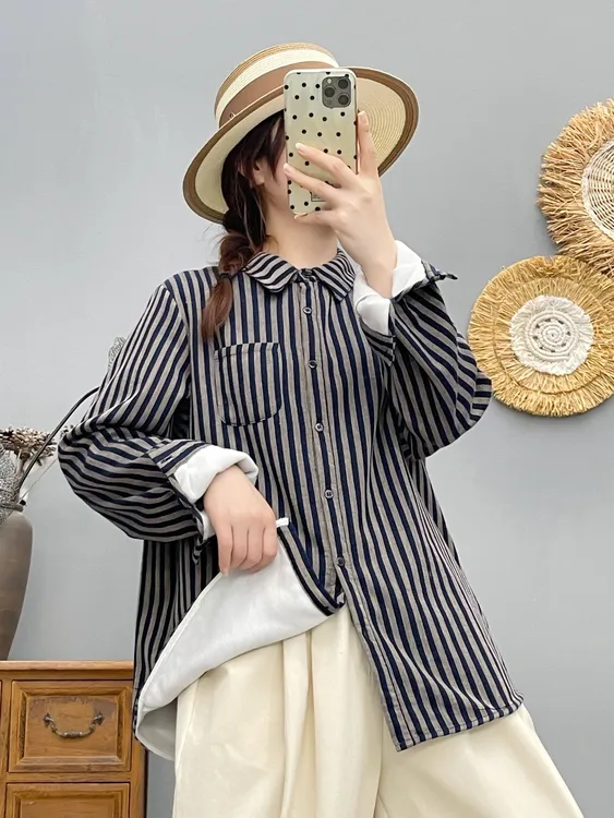 冬季新款纯棉加绒加厚百搭保暖小众时尚条纹韩版翻领长袖软糯百搭