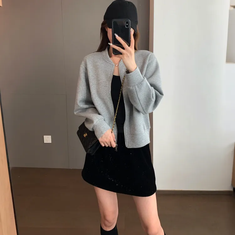 春秋时尚女装棉质宽松圆领新款长袖拉链螺纹收口飞行夹克显瘦外套