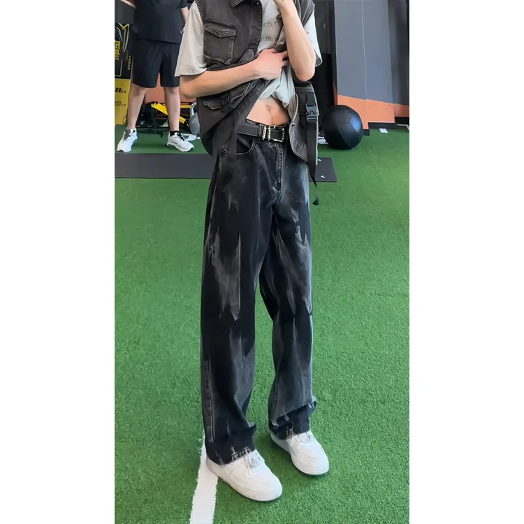 水洗渐变扎染微喇牛仔裤男美式高街cleanfit裤子设计感直筒弯刀裤