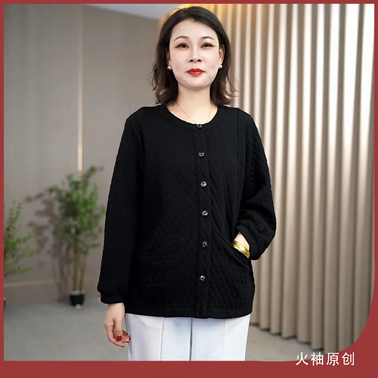 火袖G1650中老年单排扣短外套女早秋新款气质短款黑色妈妈装大衣