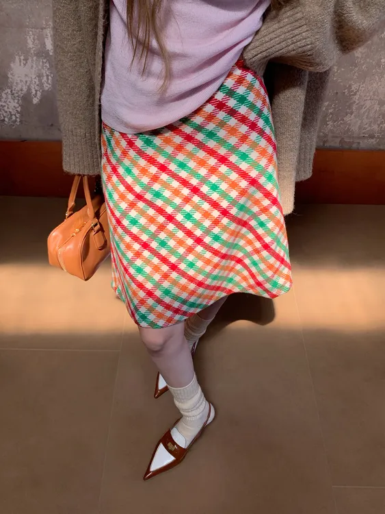 《利兹新贵》彩虹格半身裙女2025新款高腰a字遮胯复古显瘦裙子