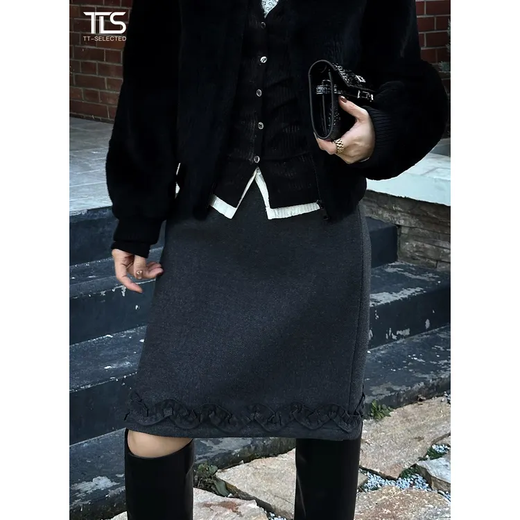 TT【小A半裙】重磅复古气质百搭加厚高腰木耳边半裙短裙DQ6003