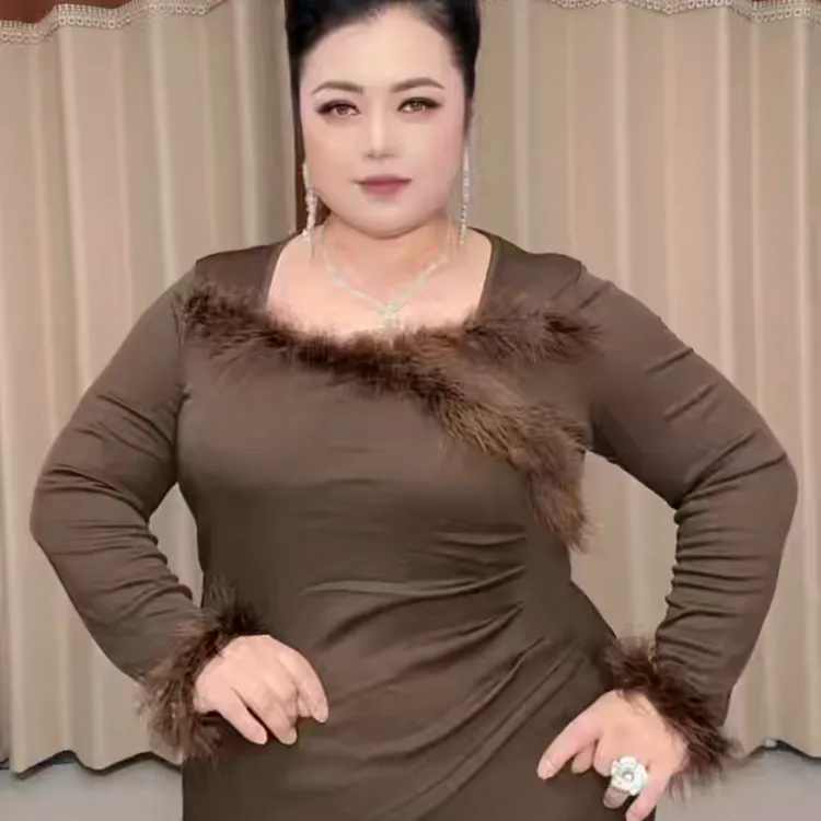 秋冬法式复古修身收腰开叉显瘦褶皱优雅气质连衣裙