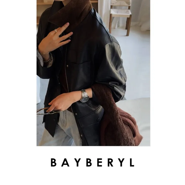 CC10-BAYBERYL老贝录客*1P深藏青工装翻领宽松时尚秋皮衣PY5E2649