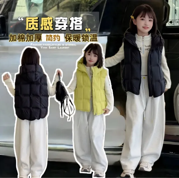 女童冬季连帽马甲无袖背心2025宽松方块百搭外穿棉马夹外套
