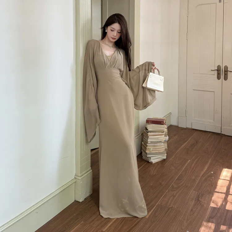 法式古典v领连衣裙两件套早秋复古垂感优雅气质套装