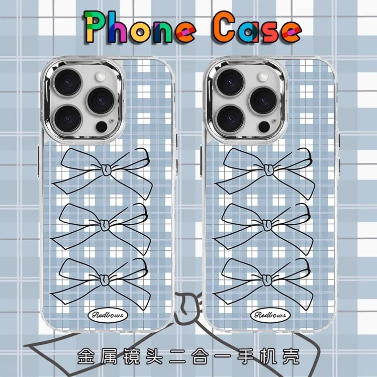 蓝格纹蝴蝶结适用苹果16/15手机壳iPhone13/12透明电镀XS/XR软壳1