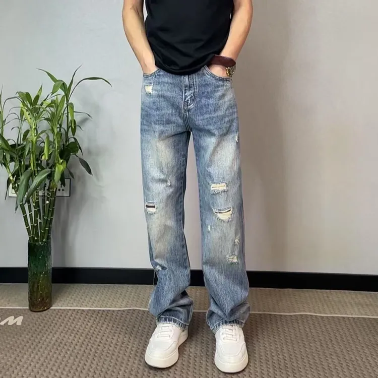 25秋季复古蓝休闲男美式复古直筒牛仔裤水洗做旧宽松破洞潮牌长裤