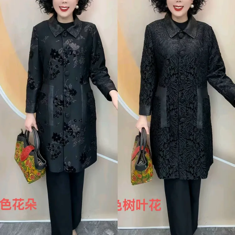 高端中长款翻领提花加衬里宽松大码风衣外套春秋妈妈装洋气