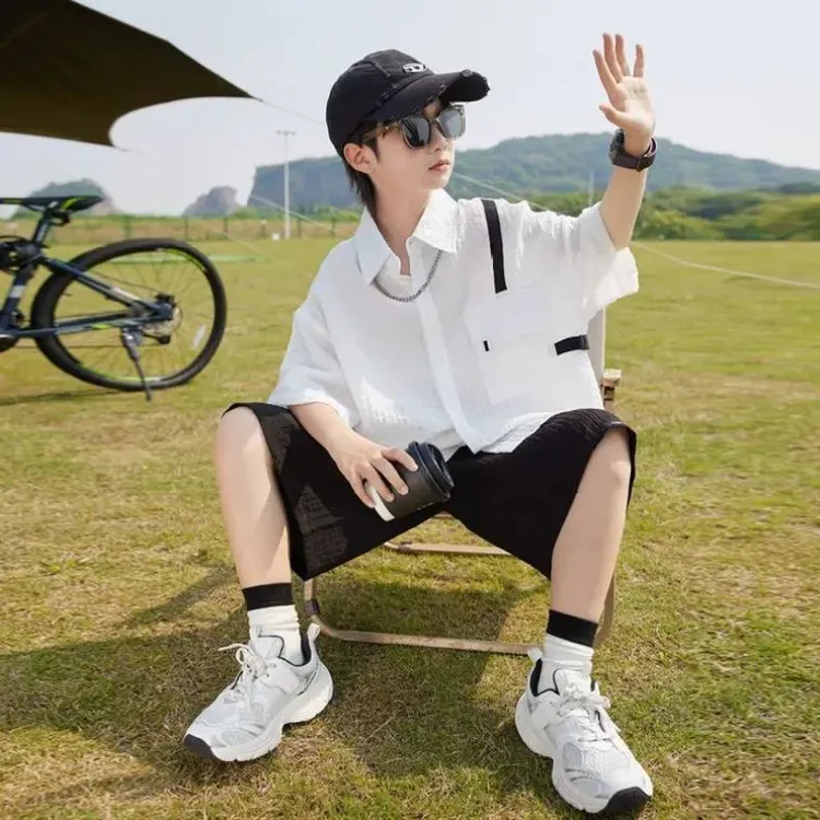 男童夏装套装2025新款儿童夏季短袖衬衫中大童男孩夏款洋气两件套