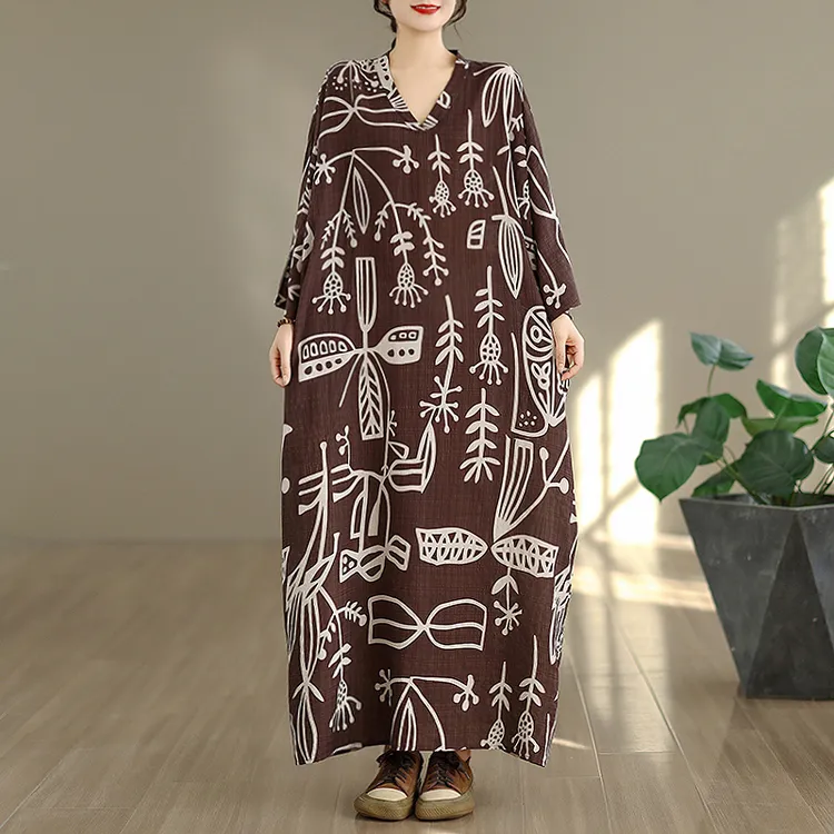 阔太太时髦女装V领遮肉长袖连衣裙秋季新款宽松大码花色印花长裙