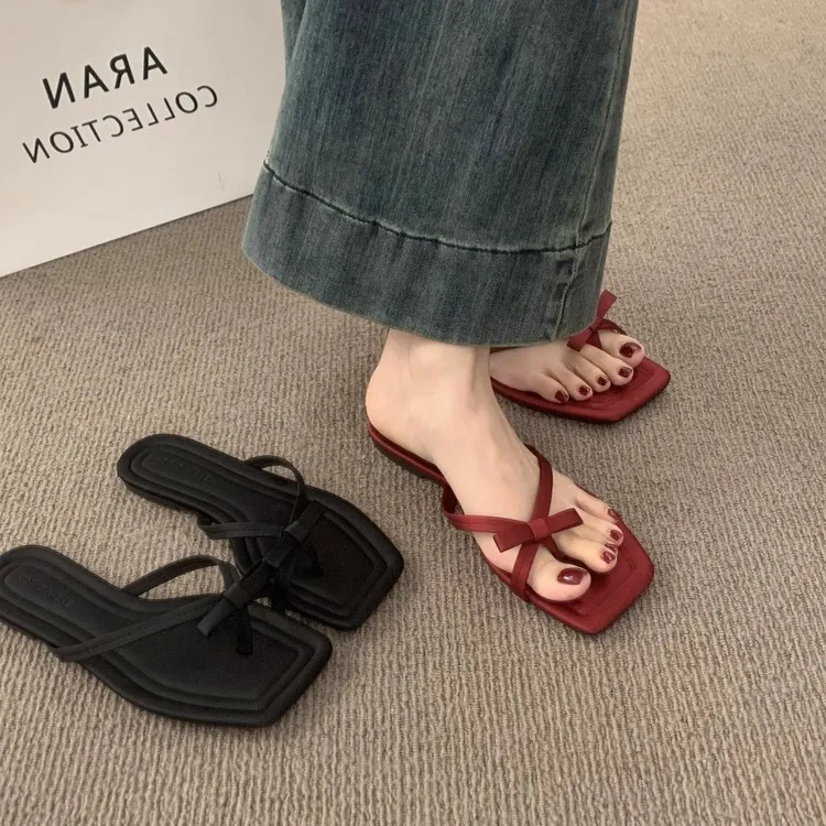 法式平底套趾一字拖鞋女夏外穿绝美仙女风度假沙滩鞋红色凉拖凉鞋