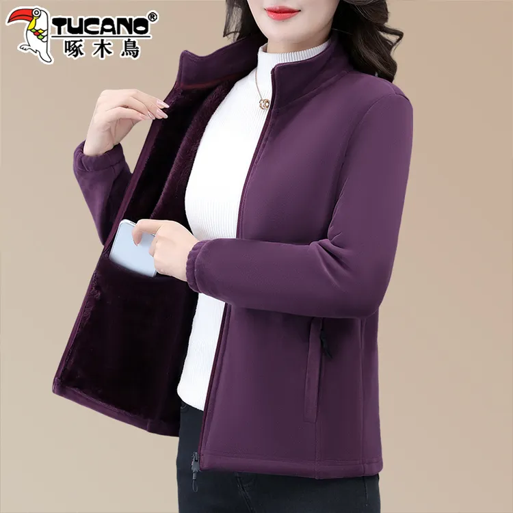 啄木鸟摇粒绒外套女2025新款秋冬中老年抓绒卫衣妈妈保暖加绒上衣