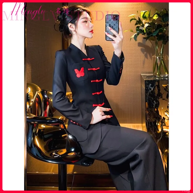 2025年秋季新中式气质感女神范国风盘扣长袖上衣阔腿长裤两件套装