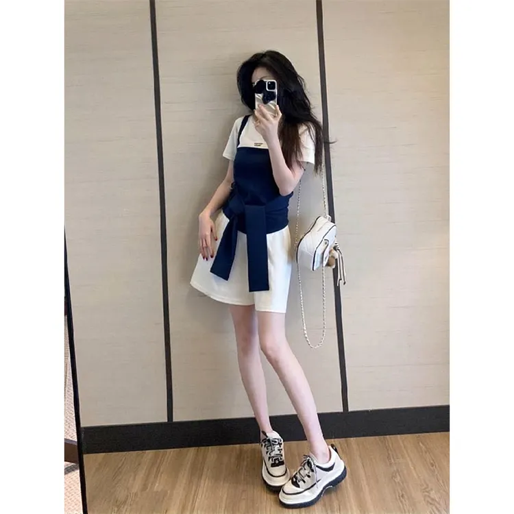 法式设计感假两件T恤短裤套装2025新款女休闲气质两件套夏季穿搭