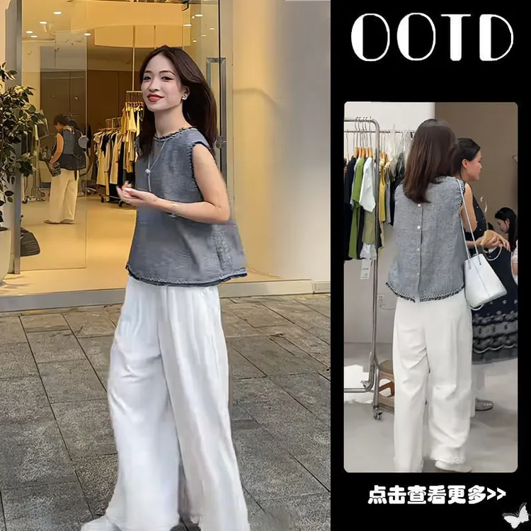 夏季流行穿搭一整套女2025新款韩版花苞无袖衬衫高腰阔腿裤两件套