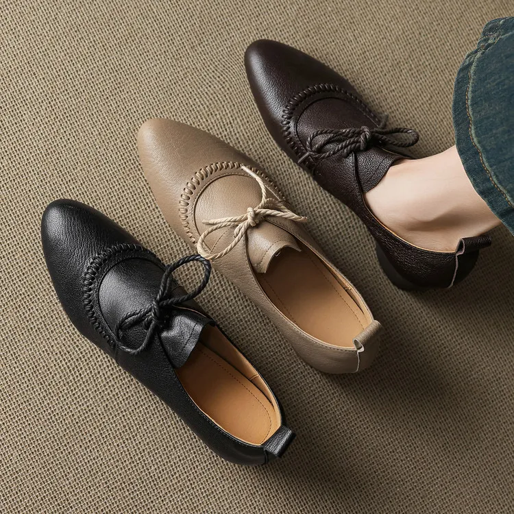 头层羊皮4cm～复古尖头系带单鞋粗跟百搭新款中跟女舒适气质英伦风