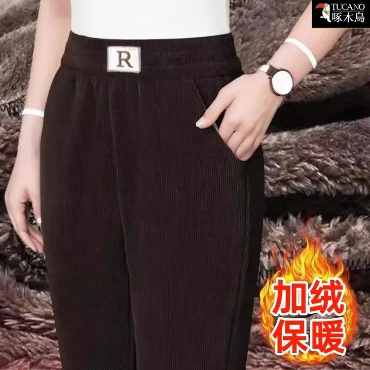 啄木鸟正品爆款哈伦裤秋冬高腰显瘦外穿休闲裤时尚刺绣加绒裤子女