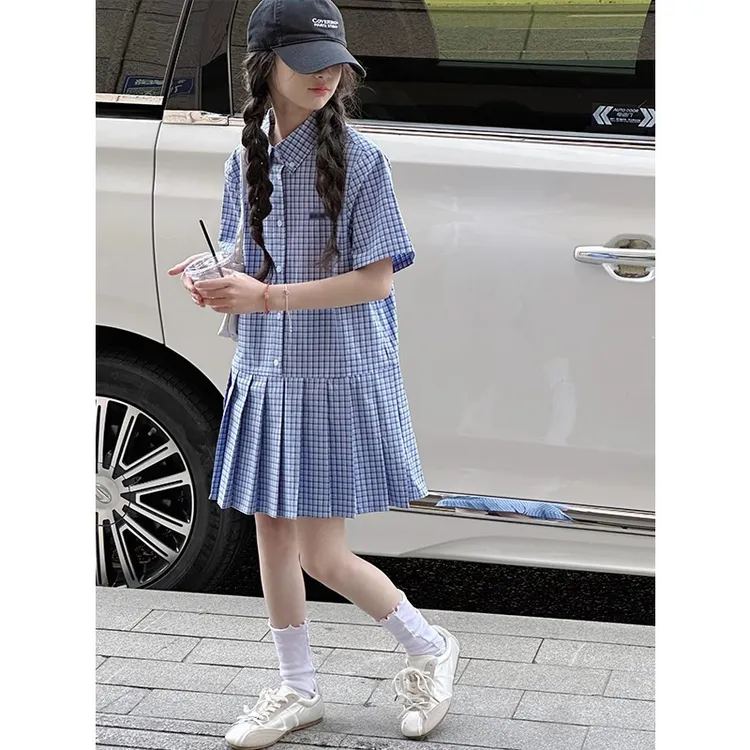女童连衣裙夏季2025儿童格子裙子女孩衬衫学院风纯棉百褶裙