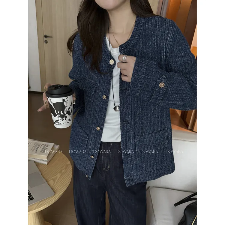 大婉酱微胖定制复古港味蓝色小香风牛仔外套女秋冬气质上衣9945D 