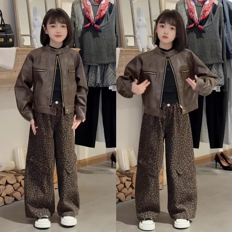 女童秋季新款时尚立领设计拉链皮衣酷飒飘带豹纹弯刀裤套装