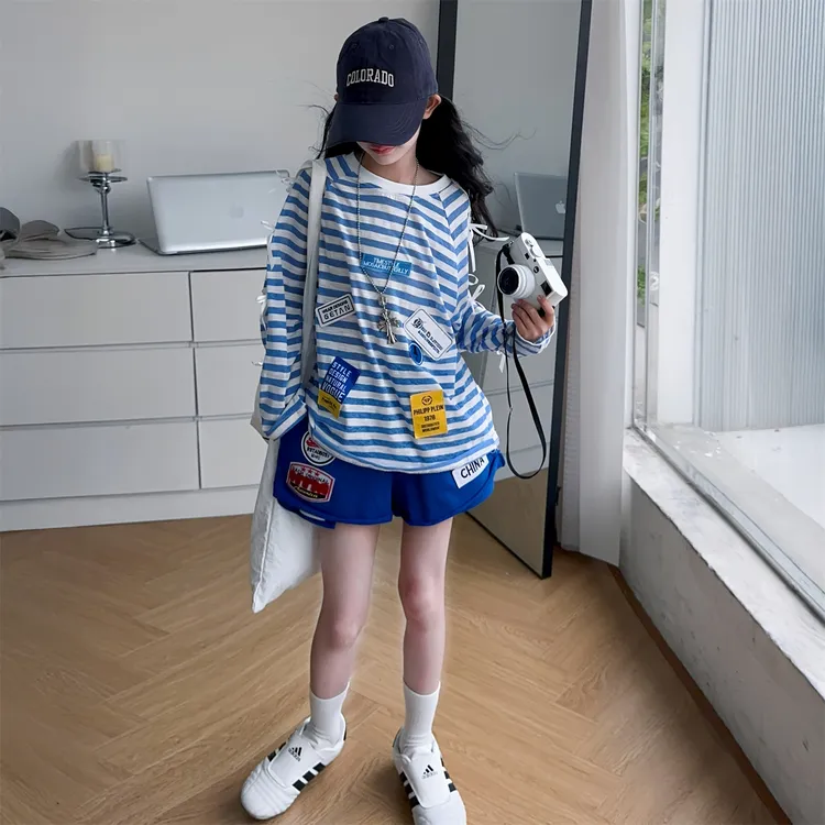 女童长袖条纹衣套装2025夏季新款中大童薄款上衣短裤两件套潮