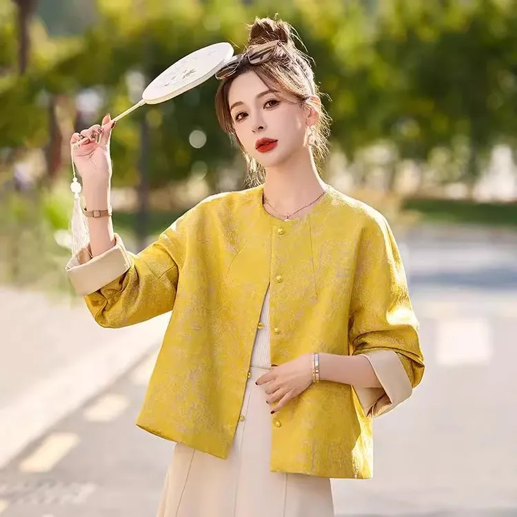 高级感新中式提花小香风短外套女气质2025春秋季新款复古开衫上衣