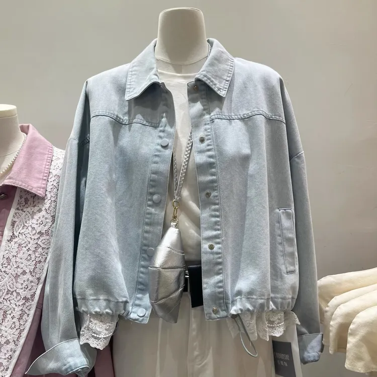 蕾丝拼接牛仔外套女春秋2025新款翻领短款小个子休闲百搭夹克上衣