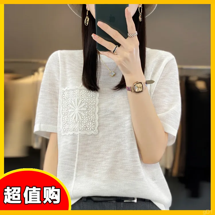 百搭钩花口袋针织麻2025竹节圆领宽松夏季新款短袖T恤女薄款上衣
