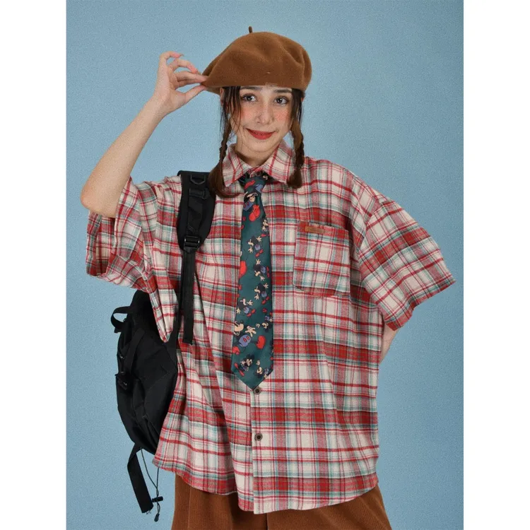 夏季新款日系格子短袖衬衫男女潮牌宽松半袖衬衣百搭情侣寸衣T恤