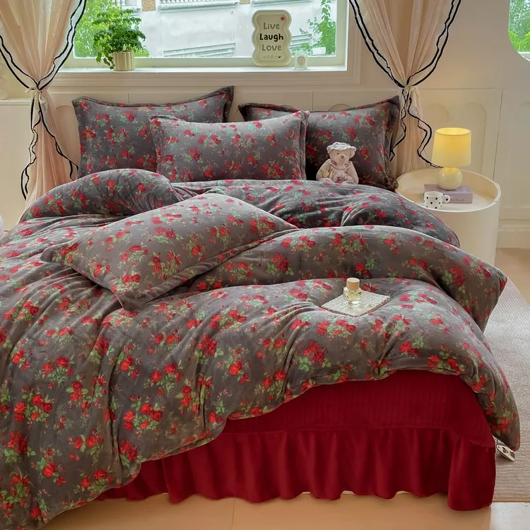 冬季高克重牛奶绒床盖四件套复古风印花牛奶绒被套罩花边床盖款