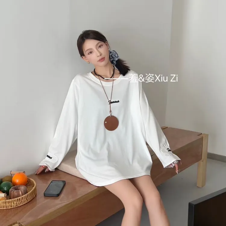  【欣晴】2025年秋季新款910荷花刺绣袖口大板型纯色打底衫 显瘦