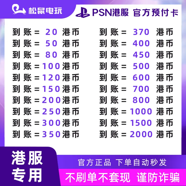 【自动秒发】PSN港服点卡港币充值卡 80 100 20港币预付卡 PS4 PS5商品图