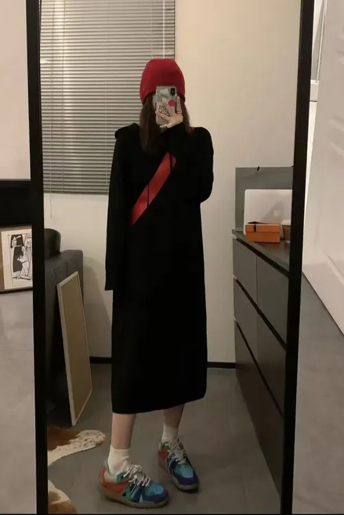 1614大码女装针织宽松腰秋季新款休闲连衣裙连帽秋冬长袖毛衣裙