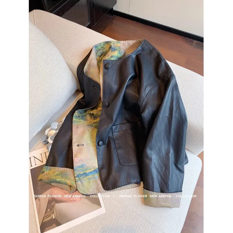 黑色圆领皮衣外套女秋季2025新款轻奢高级感宽松休闲国风撞色夹克