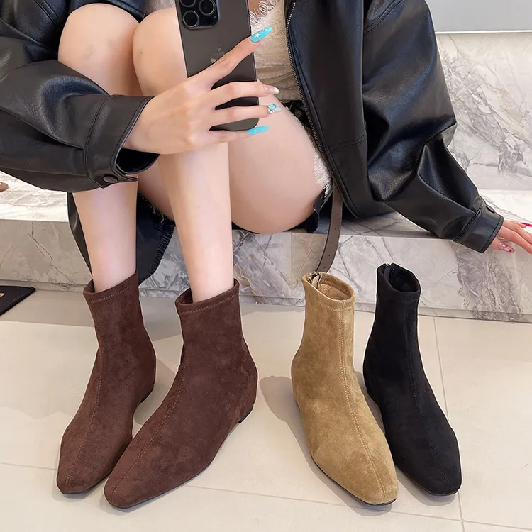 2025年秋季新款内增高复古绒面低跟短筒瘦瘦靴女尖头短靴女马丁靴