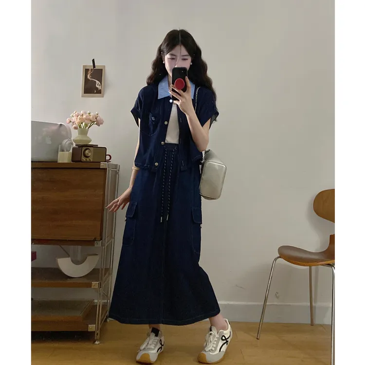 大码女装衬衫领拼接牛仔套装胖mm夏季新款遮肚子显瘦半身裙两件套