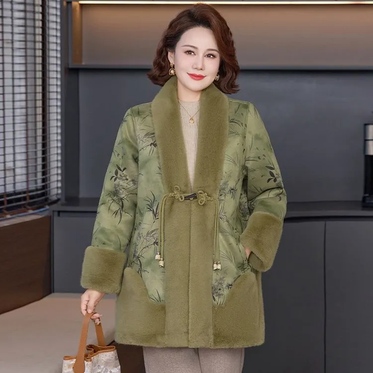 中年妈妈时尚洋气保暖皮毛一体上衣冬季新款加绒加厚国风大衣女