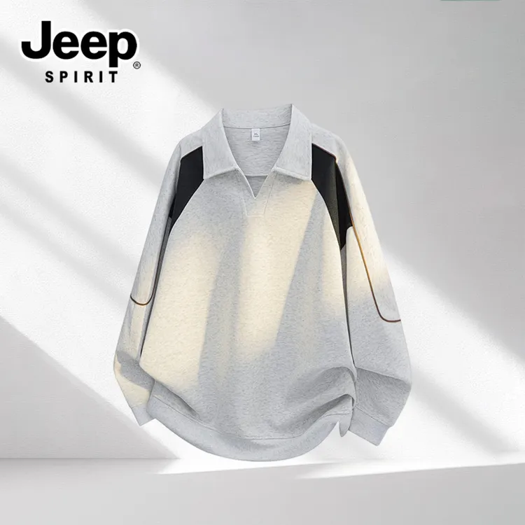 JEEPSPIRIT秋季新款美式翻领卫衣男士潮牌宽松拼接百搭设计感上衣