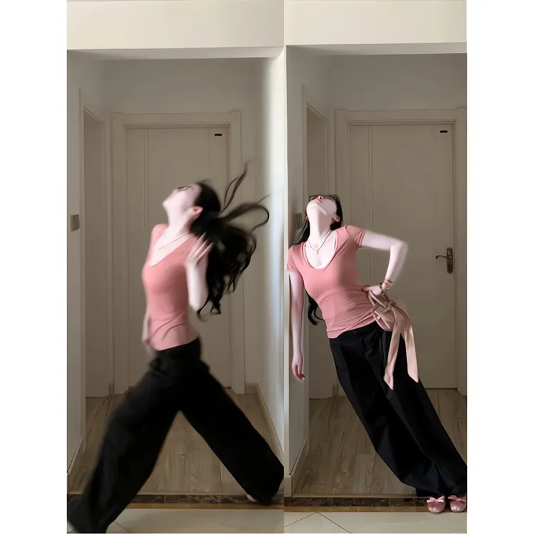 纯欲微透粉色U领短袖t恤辣妹上衣休闲阔腿裤大方得体两件套2025夏